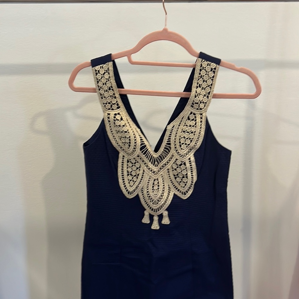 Lilly Pulitzer gorgeous navy mini dress with gold embroidered neckline.